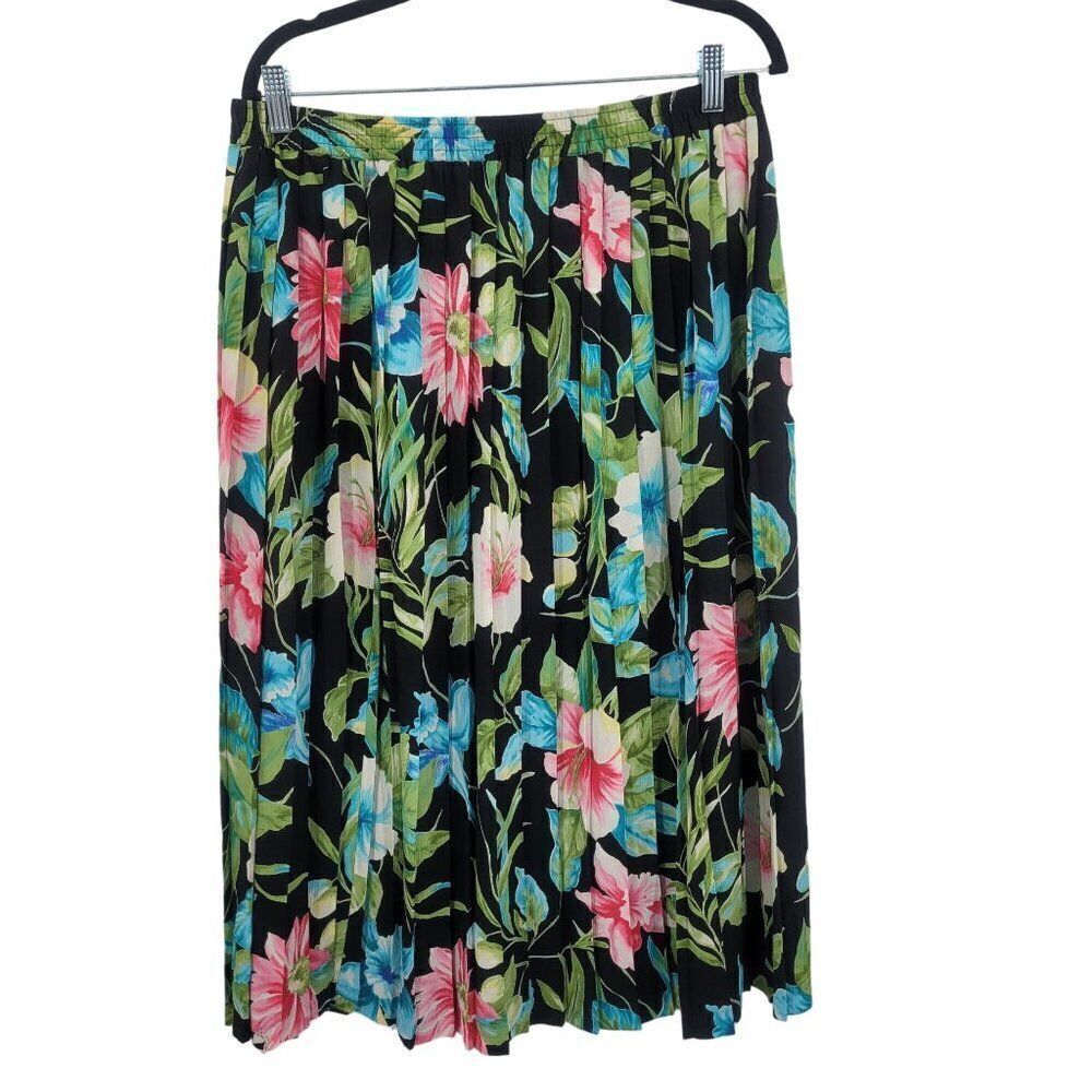 Vintage 80s Midi Skirt 18W Black Floral Accordion Pleated Elastic Waist Pull On